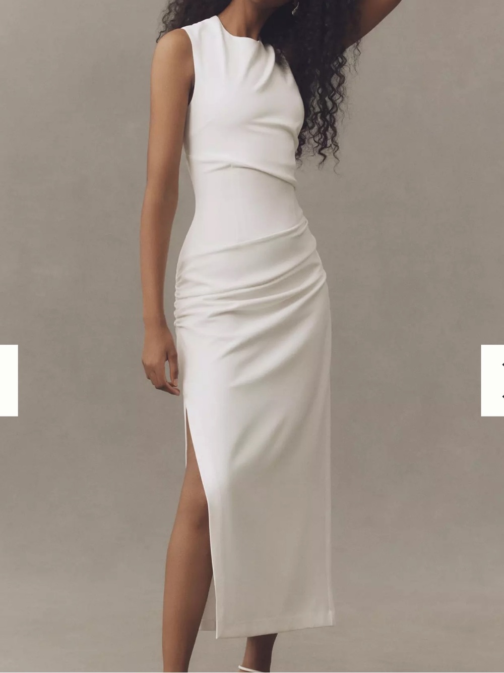 Elegant White Sleeveless Ruched Midi Dress